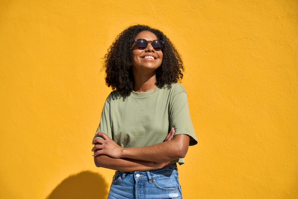 Young,Happy,Positive,African,American,Gen,Z,Woman,Wearing,Sunglasses